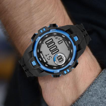 Imagem de Relógio Digital Masculino Esportivo de Pulso com Pulseira de Silicone Preto e Azul à Prova D Água Shock Mormaii