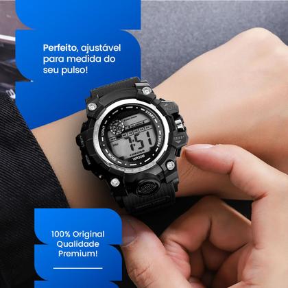 Imagem de relogio digital masculino preto silicone prova dagua resistente prata grande alarme cronometro robusto presente original