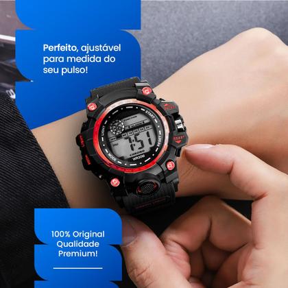 Imagem de relogio digital masculino silicone preto prova dagua + caixa presente esportivo resistente cronometro vermelho robusto