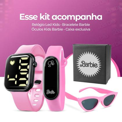 Imagem de relogio digital prova dagua rosa barbie + oculos sol presente data ajustavel menina adolescente silicone led original