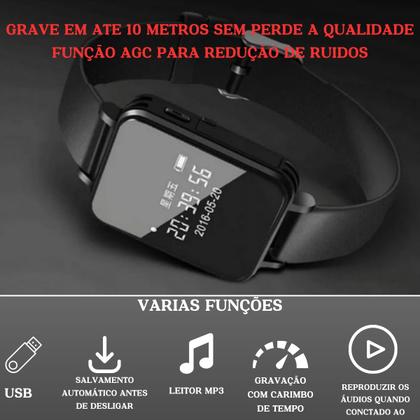 Imagem de Relógio Espião Gravador De Voz Áudio Digital Com Fone 8gb Mp3 Nfe V81
