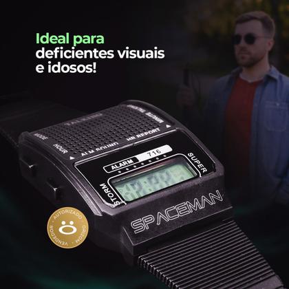 Imagem de relogio fala hora pulseira ajustavel preto deficiente visual original presente casual original