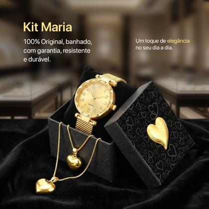 Imagem de Relogio Feminino Aço Banhado + Colar Duplo Coração + Caixa ouro qualidade premium casual social presente original