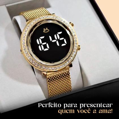 Imagem de relogio feminino aço digital caixa strass brinco colar silicone pulseira ajustável social casual banhado dourado