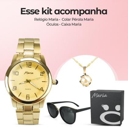 Imagem de Relógio feminino aço dourado + caixa perola strass social presente casual qualidade premium