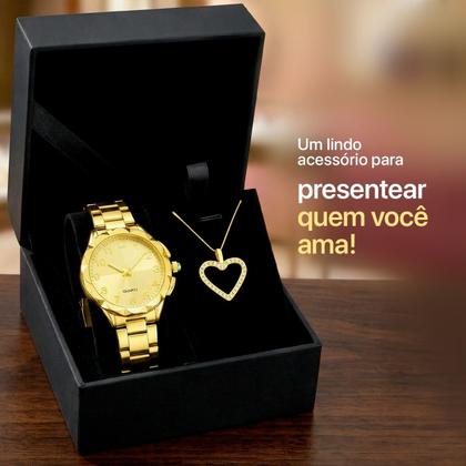 Imagem de relogio feminino aço dourado + colar strass coração edição limitada qualidade premium inoxidavel presente original moda
