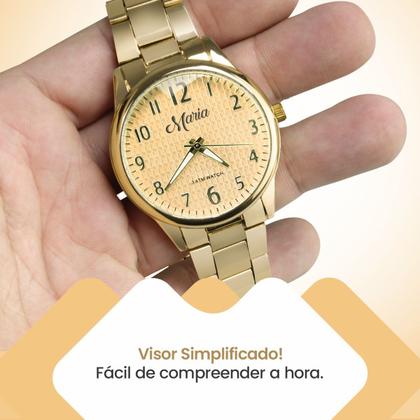 Imagem de relogio feminino aço inox banhado + colar brincos garantia casual social protecao uv delicado dourado strass pingente