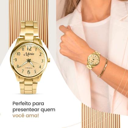 Imagem de relogio feminino aço inox banhado + colar brincos garantia casual social protecao uv delicado dourado strass pingente