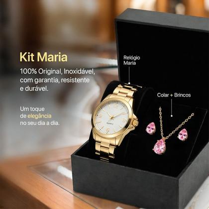 Imagem de Relogio Feminino Aço Inox Dourado + Caixa + Brincos + Colar presente qualidade premium banhado social moda strass casual