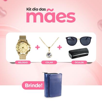 Imagem de Relogio feminino aço inox + oculos protecao uv + colar silicone ajustavel pingente ponto de luz ouro