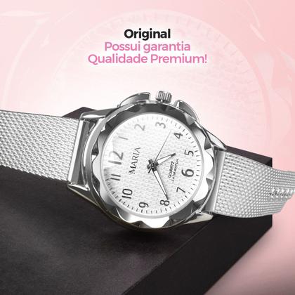 Imagem de Relogio Feminino Aco Inox Prata + Caixa social prova dagua qualidade premium edição limitada original moda presente