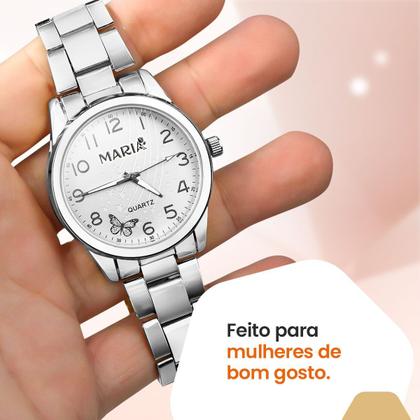 Imagem de relogio feminino aco inox prata + pulseira + colar brincos delicado ajustavel casual presente social original garantia