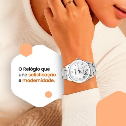 Imagem de relogio feminino aco inox prata + pulseira + colar brincos delicado ajustavel casual presente social original garantia