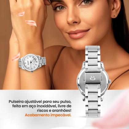 Imagem de relogio feminino aco inox prata + pulseira + colar brincos delicado ajustavel casual presente social original garantia