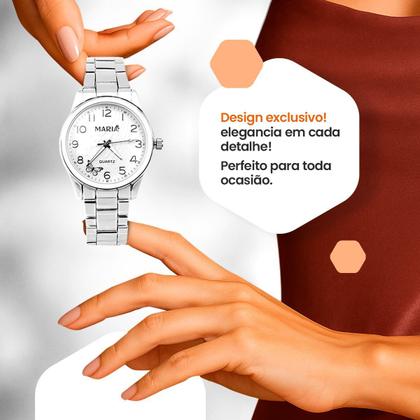 Imagem de relogio feminino aco inox prata + pulseira + colar brincos delicado ajustavel casual presente social original garantia