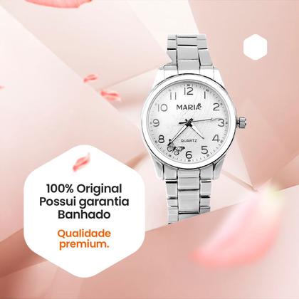 Imagem de relogio feminino aco inox prata + pulseira + colar brincos delicado ajustavel casual presente social original garantia