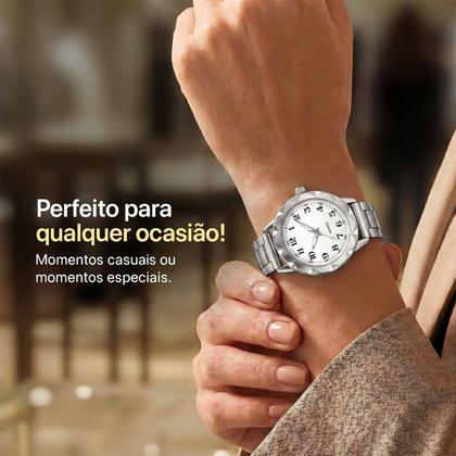 Imagem de Relogio Feminino Aco Inox Prata Silicone Prova Dagua + Caixa inoxidavel resistente qualidade premium moda ajustavel
