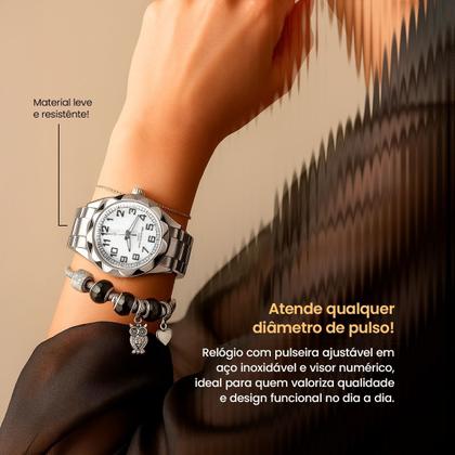 Imagem de Relógio feminino aço inox strass + brincos + colar prova dagua ponteiro analogico presente perola original casual social