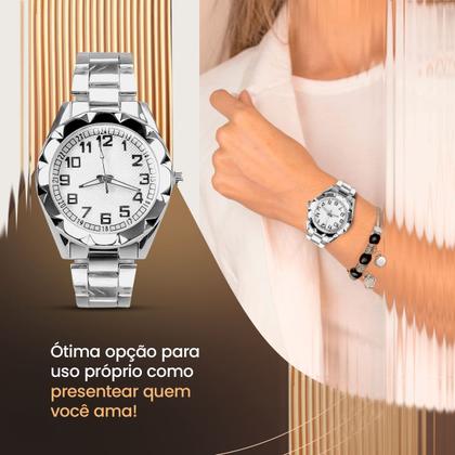 Imagem de Relógio feminino aço inox strass + brincos + colar prova dagua ponteiro analogico presente perola original casual social