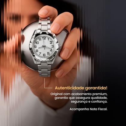 Imagem de Relógio feminino aço inox strass + brincos + colar prova dagua ponteiro analogico presente perola original casual social