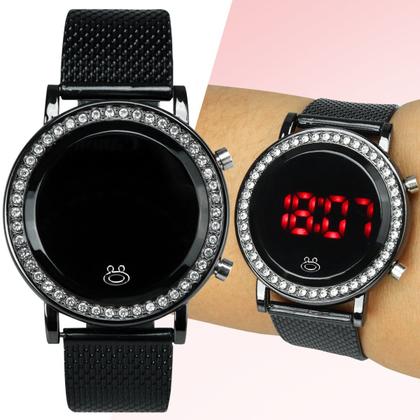 Imagem de relogio feminino aço inoxidavel digital led silicone strass moda preto pulseira ajustavel ajustavel