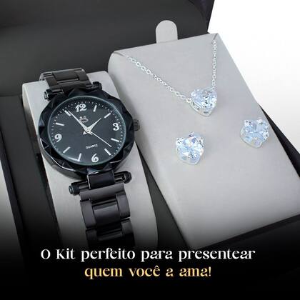 Imagem de relogio feminino aço preto + caixa + colar strass + brincos inoxidável presente original qualidade premium black piano ponteiro ajustavel