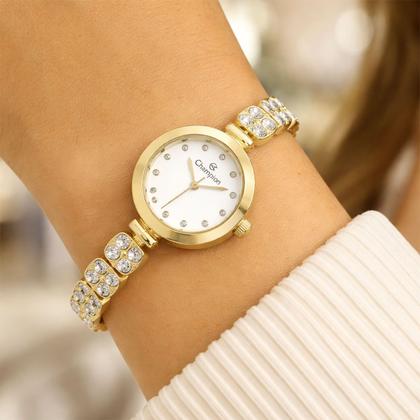 Imagem de Relógio Feminino Analógico de Pulso Dourado com Caixa e Pulseira de Aço Inoxidável à Prova D Água Pequeno com Pedras Luxo Casual Social Champion