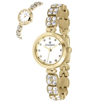 Imagem de Relógio Feminino Analógico de Pulso Dourado com Caixa e Pulseira de Aço Inoxidável à Prova D Água Pequeno com Pedras Luxo Casual Social Champion