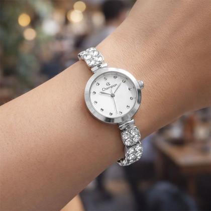 Imagem de Relógio Feminino Analógico de Pulso Prata com Caixa e Pulseira de Aço Inoxidável à Prova D Água Pequeno com Pedras Luxo Casual Social Champion