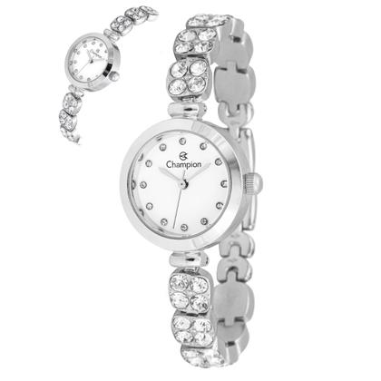 Imagem de Relógio Feminino Analógico de Pulso Prata com Caixa e Pulseira de Aço Inoxidável à Prova D Água Pequeno com Pedras Luxo Casual Social Champion
