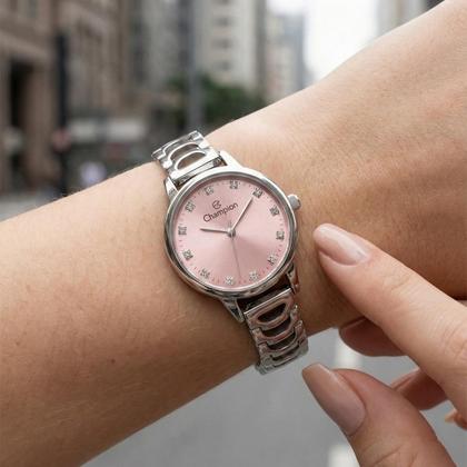 Imagem de Relógio Feminino Analógico de Pulso Prata e Rosa com Caixa e Pulseira de Aço Inoxidável à Prova D Água Pequeno Luxo Fashion Casual Social Champion