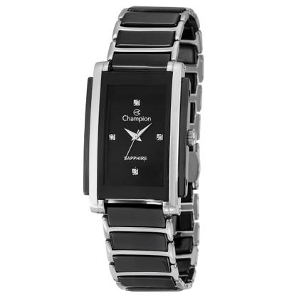 Imagem de Relógio Feminino Analógico de Pulso Preto e Prata com Caixa e Pulseira de Aço Inoxidável Pequeno Quadrado Ceramica Luxo Casual Social Champion