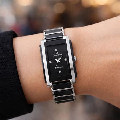 Imagem de Relógio Feminino Analógico de Pulso Preto e Prata com Caixa e Pulseira de Aço Inoxidável Pequeno Quadrado Ceramica Luxo Casual Social Champion