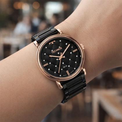 Imagem de Relógio Feminino Analógico de Pulso Preto e Rose Movimento Quartzo com Caixa e Pulseira de Aço Inoxidável Luxo Elegante Fashion Technos