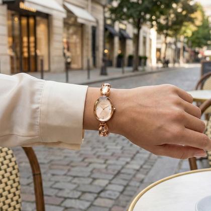 Imagem de Relógio Feminino Analógico de Pulso Rosé com Caixa e Pulseira em Aço Inoxidável com Pedras Pequeno Luxo Fashion Casual e Social Technos