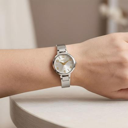 Imagem de Relógio Feminino Analógico Prata de Pulso com Caixa e Pulseira de Aço Inoxidável à Prova D Água Luxo Elegante Fashion Condor