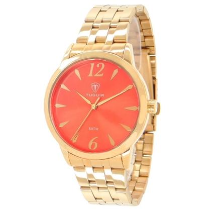 Imagem de Relógio Feminino Analógico Tuguir TG141 Resistente à água 5 ATM Laranja Caixa em Metal Dourado Pulseira de Aço Visor Cristal Mineral Redondo Dobrável