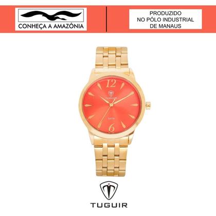 Imagem de Relógio Feminino Analógico Tuguir TG141 Resistente à água 5 ATM Laranja Caixa em Metal Dourado Pulseira de Aço Visor Cristal Mineral Redondo Dobrável