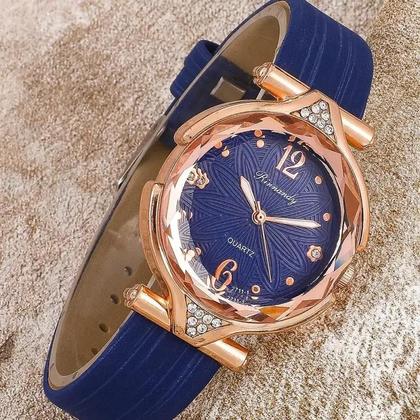 Imagem de Relógio Feminino Azul Dourado Luxo + Kit Acessórios