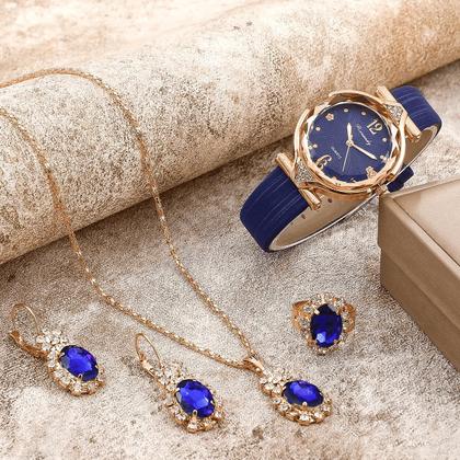 Imagem de Relógio Feminino Azul Dourado Luxo + Kit Acessórios