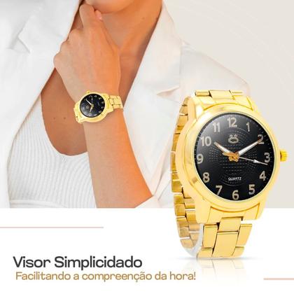 Imagem de Relogio feminino banhado aço inox + brinco colar + pulseira casual inoxidável original qualidade premium presente social