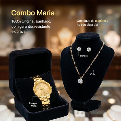 Imagem de Relogio Feminino Banhado Aço Inox + Colar Strass + Brincos silicone inoxidável presente social moda qualidade premium