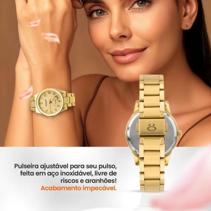 Imagem de Relogio feminino banhado casual original delicado strass inoxidável aco inoxidavel pingente presente garantia dourado