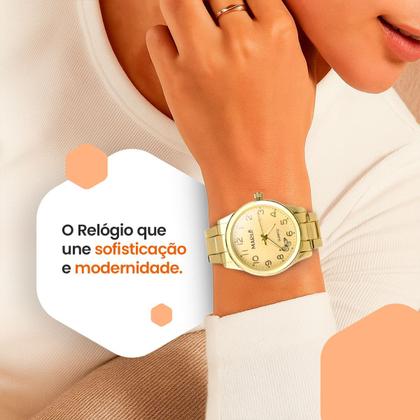 Imagem de Relogio feminino banhado casual original delicado strass inoxidável aco inoxidavel pingente presente garantia dourado