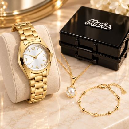 Imagem de Relogio Feminino Banhado + Colar Ponto Luz + Pulseira caixa premium aço inoxidável dourado presente qualidade premium
