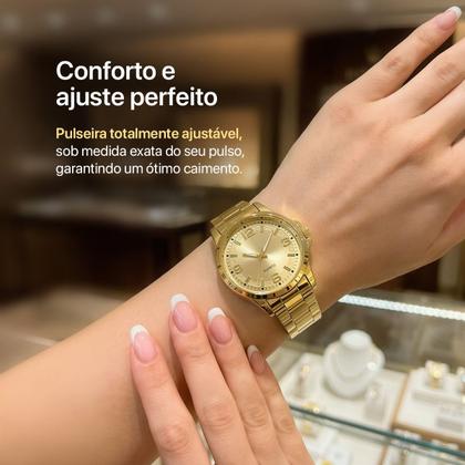 Imagem de Relogio Feminino Banhado + Colar Ponto Luz + Pulseira caixa premium aço inoxidável dourado presente qualidade premium