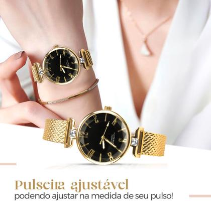 Imagem de relogio feminino banhado dourado + colar + brincos + porta joia prova dagua original presente fundo preto casual social