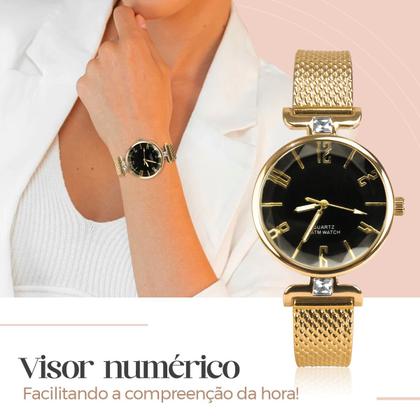 Imagem de relogio feminino banhado dourado + colar + brincos + porta joia prova dagua original presente fundo preto casual social