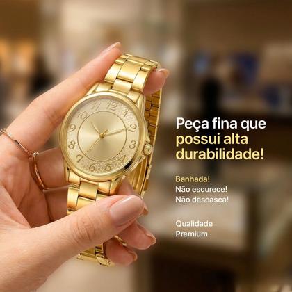 Imagem de relogio feminino banhado inox casual + caixa analogico original ouro presente