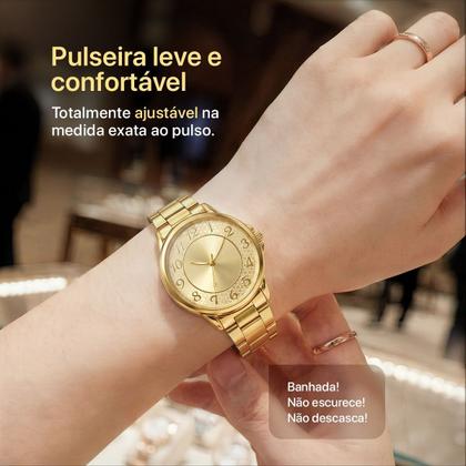 Imagem de relogio feminino banhado inox casual + caixa analogico original ouro presente